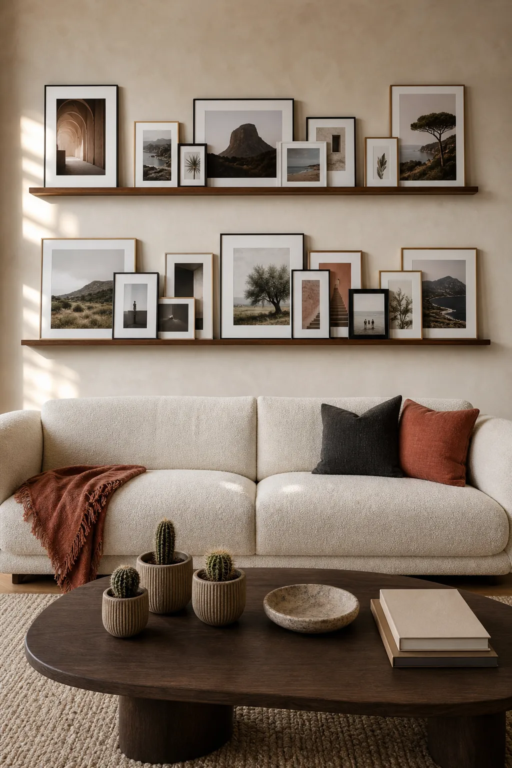 Simple photo ledge with modern framed art in a warm living room
