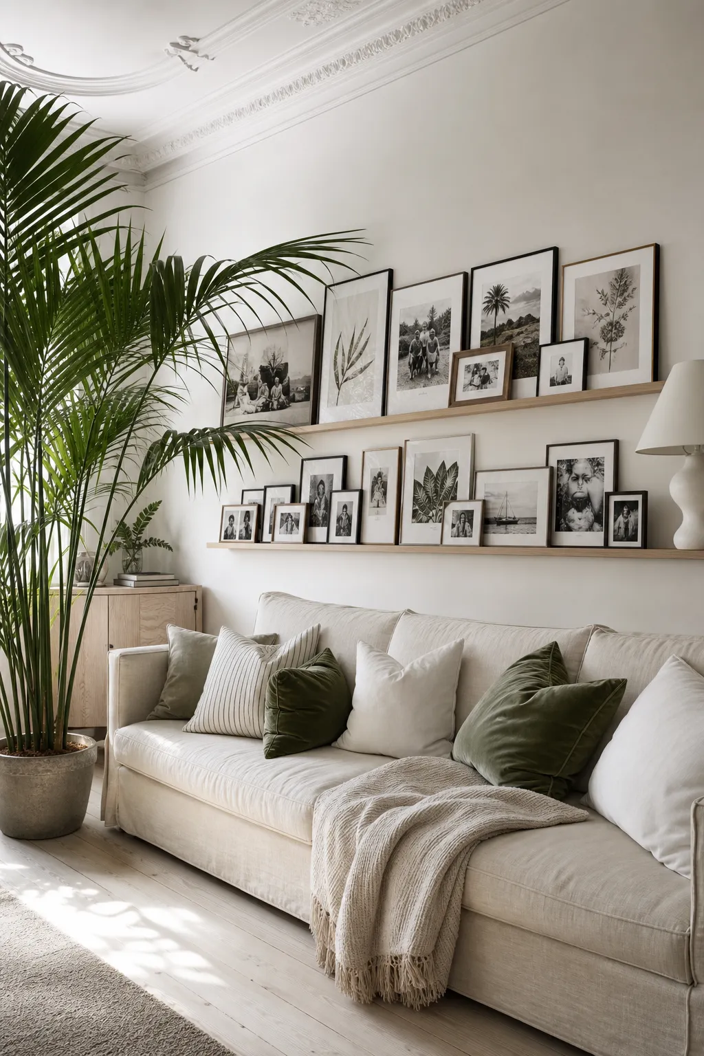 Bright Scandinavian living room with a light wood ledge and minimalist framed art