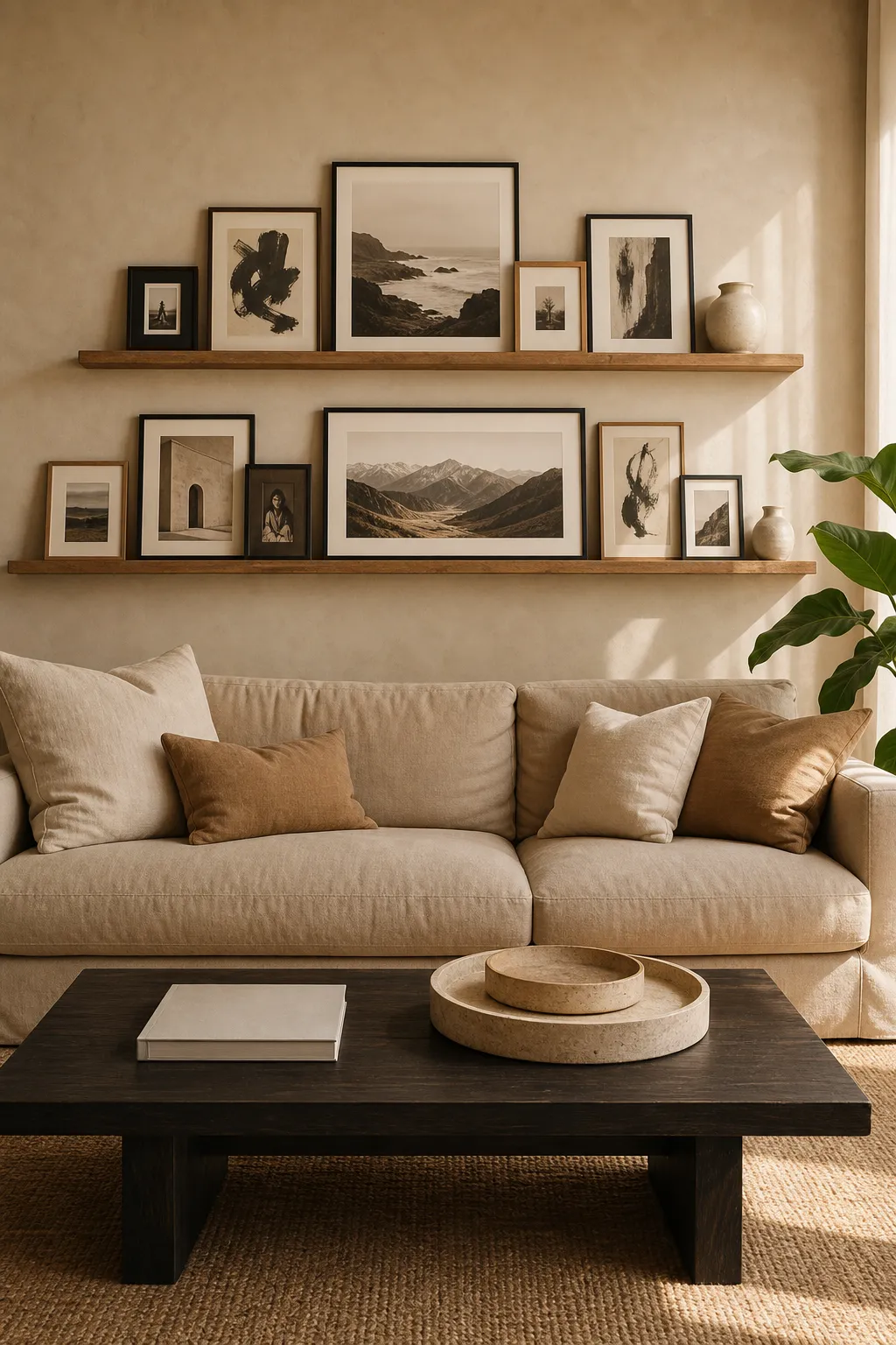 Cozy oak photo ledge with layered framed artwork above a neutral sofa