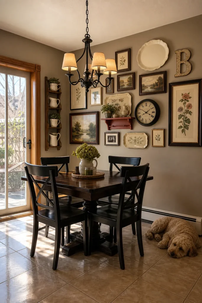 Cozy breakfast nook with upholstered seating and a colorful gallery wall