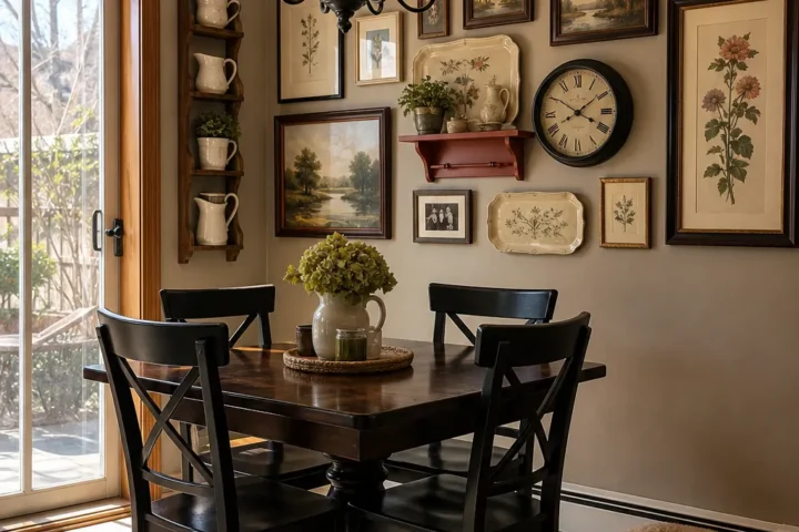 Cozy breakfast nook with upholstered seating and a colorful gallery wall