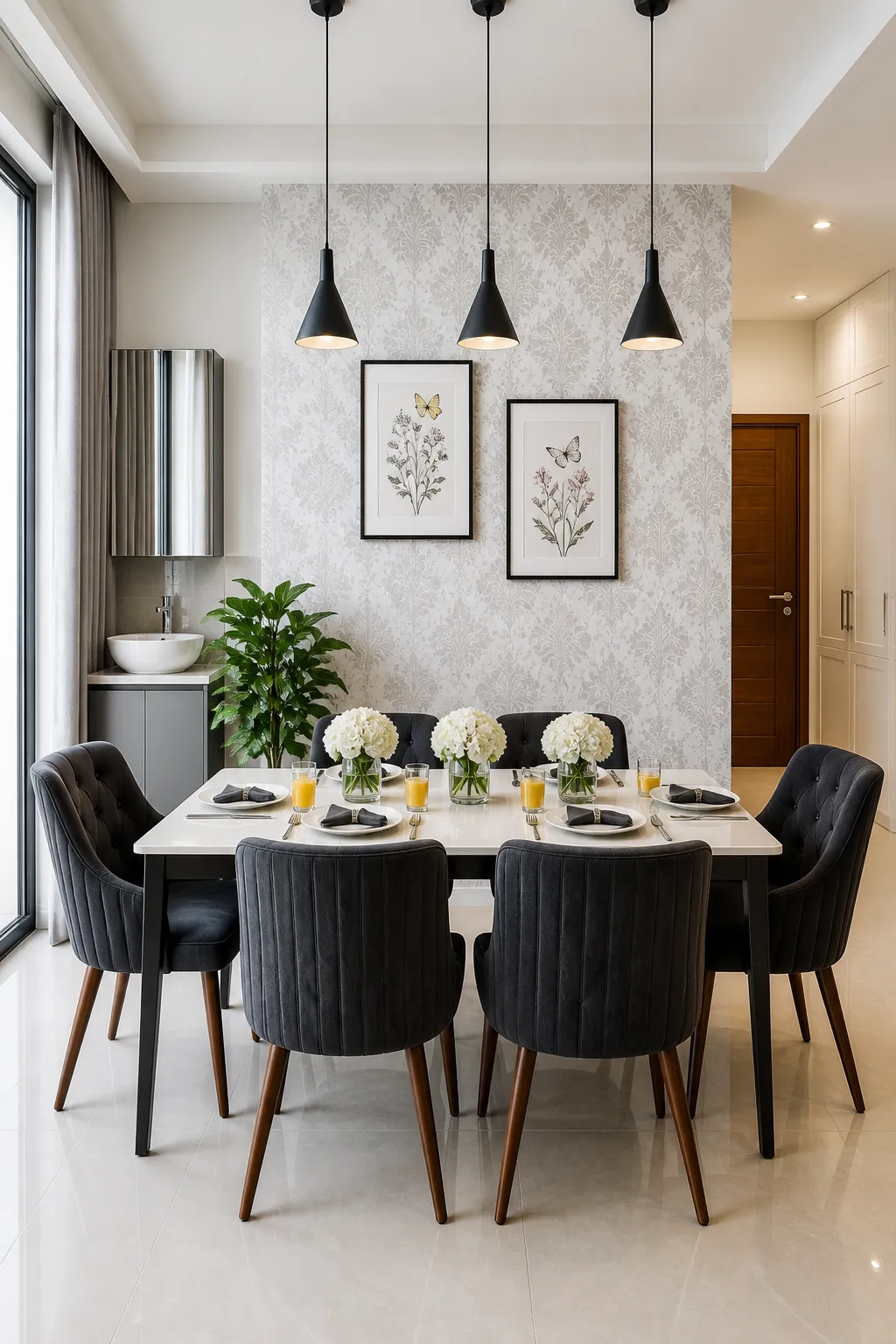 Elegant dining nook featuring contemporary damask wallpaper