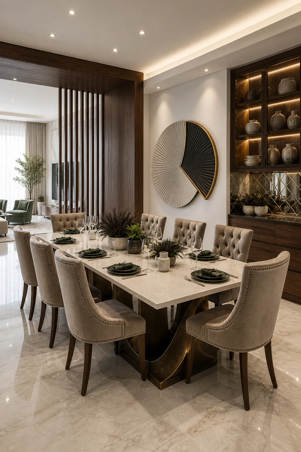 Dining area with a floor-to-ceiling vertical wood-slat feature wall