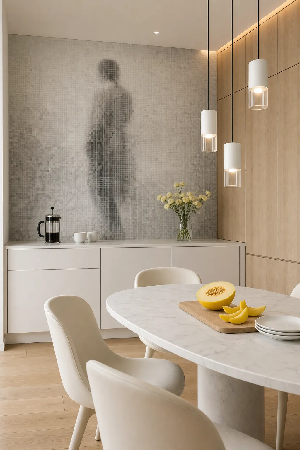Minimal breakfast nook accented by a light mosaic-tile wall