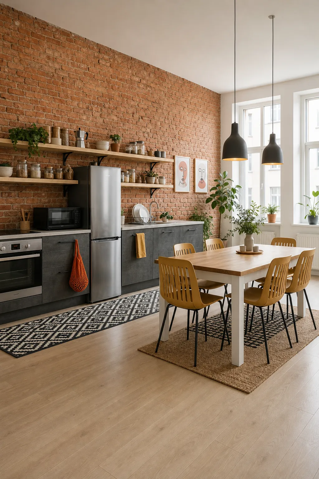 Open dining space with an exposed brick feature wall and industrial details