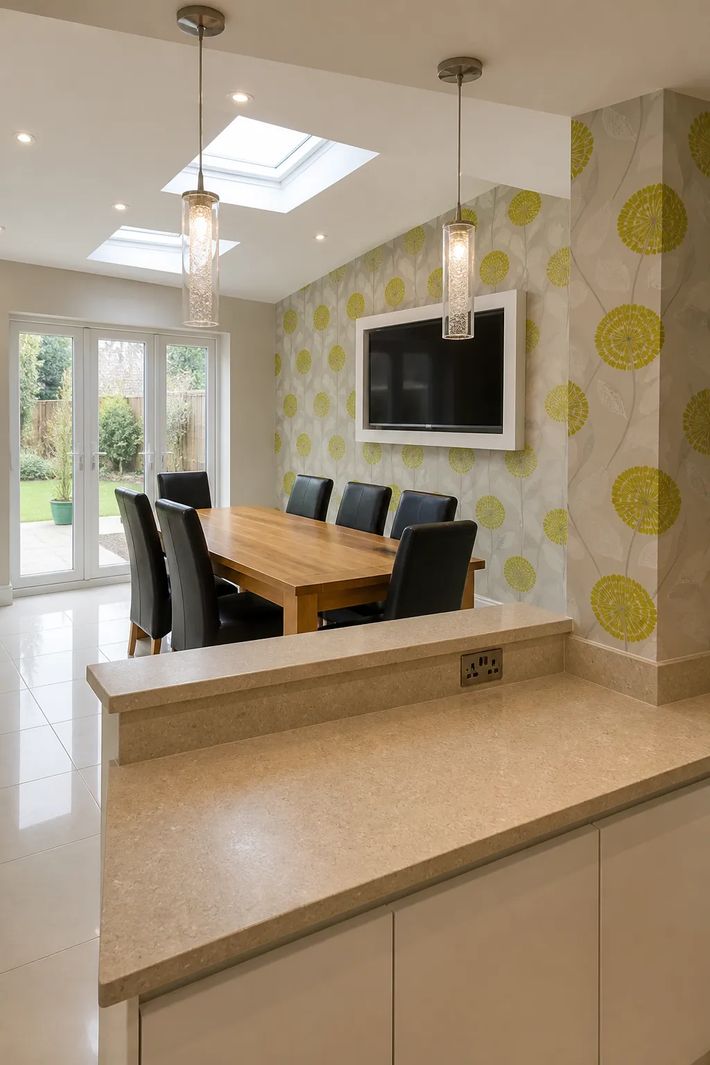 Open-plan kitchen and dining area with vibrant lime floral wallpaper