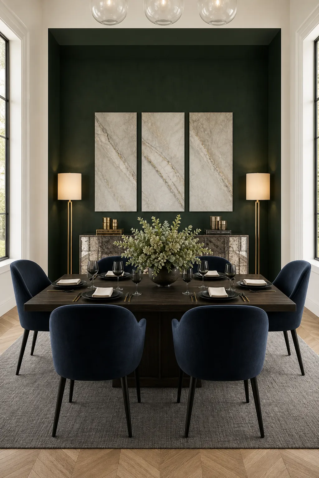 Intimate dining alcove painted in a deep moody green