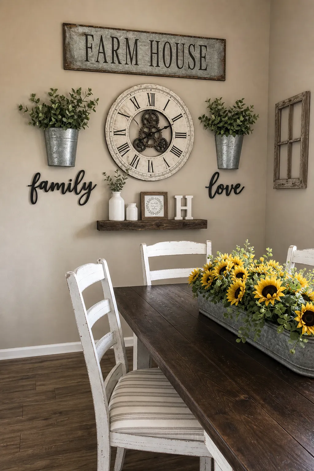 Farmhouse dining wall decorated with layered artwork in rustic frames