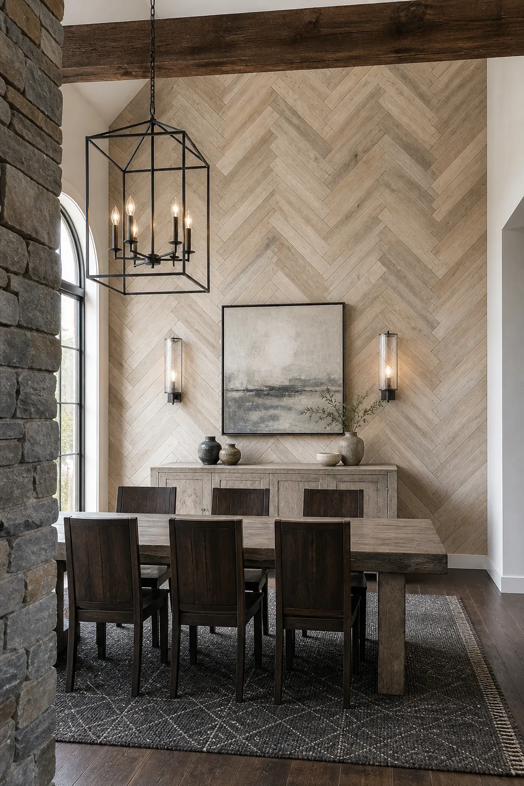 Dining room with a dramatic herringbone wood feature wall