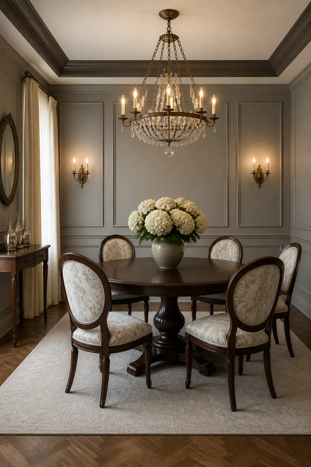 Formal dining room finished with elegant gray wall paneling