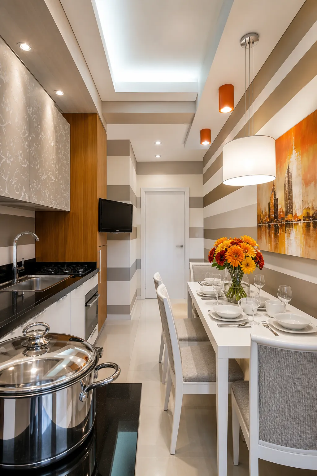 Compact dining nook with vertical striped wallpaper