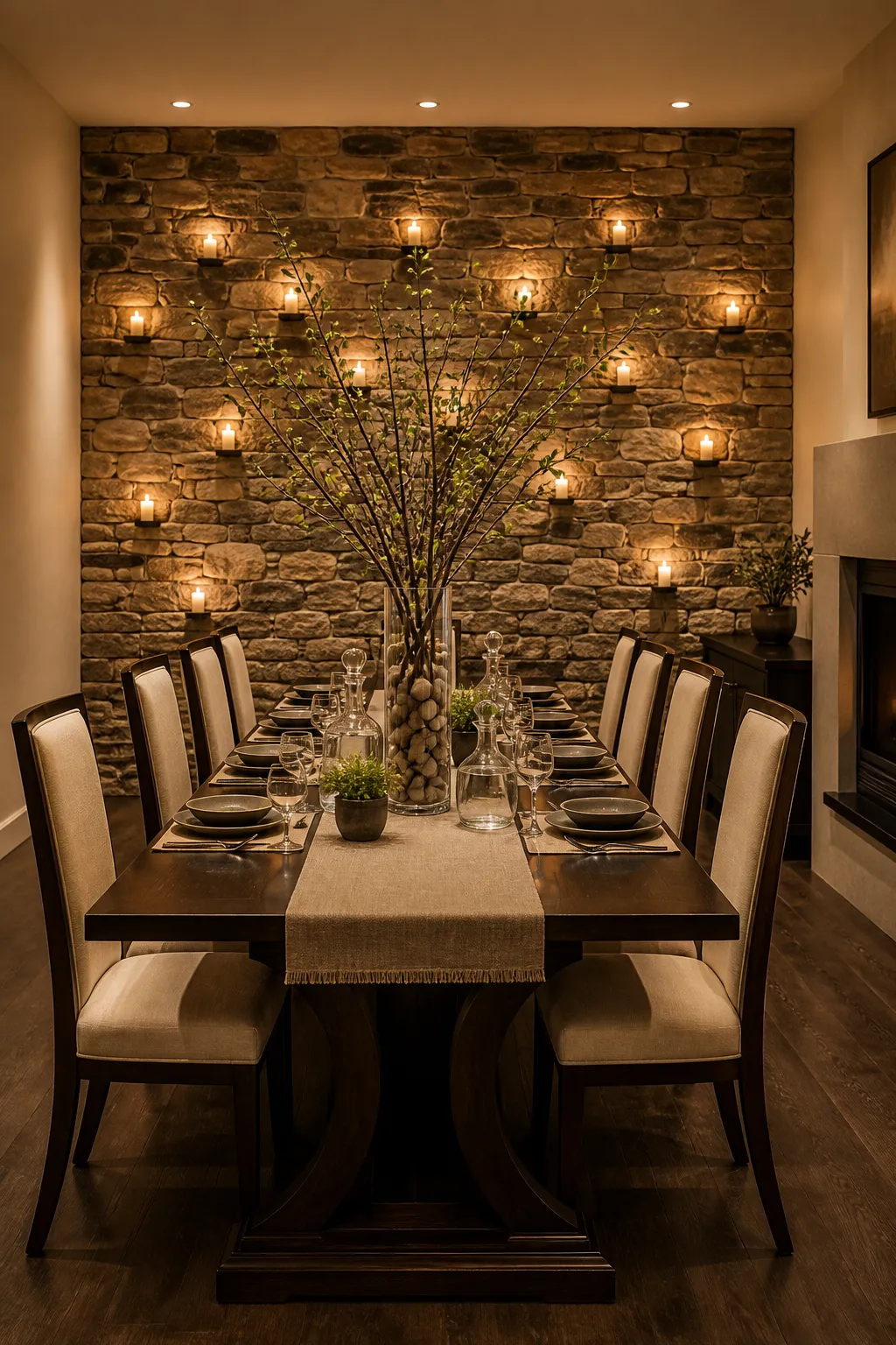 Dining space centered on a warm natural-stone feature wall