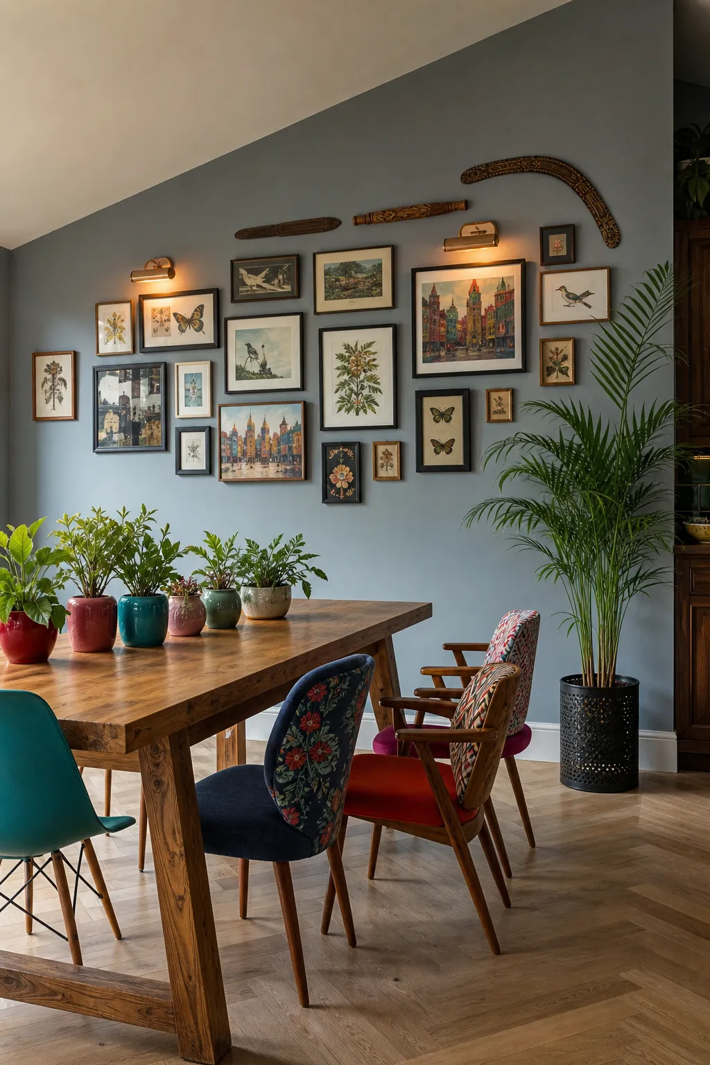 Eclectic dining gallery wall featuring artwork in assorted frame sizes