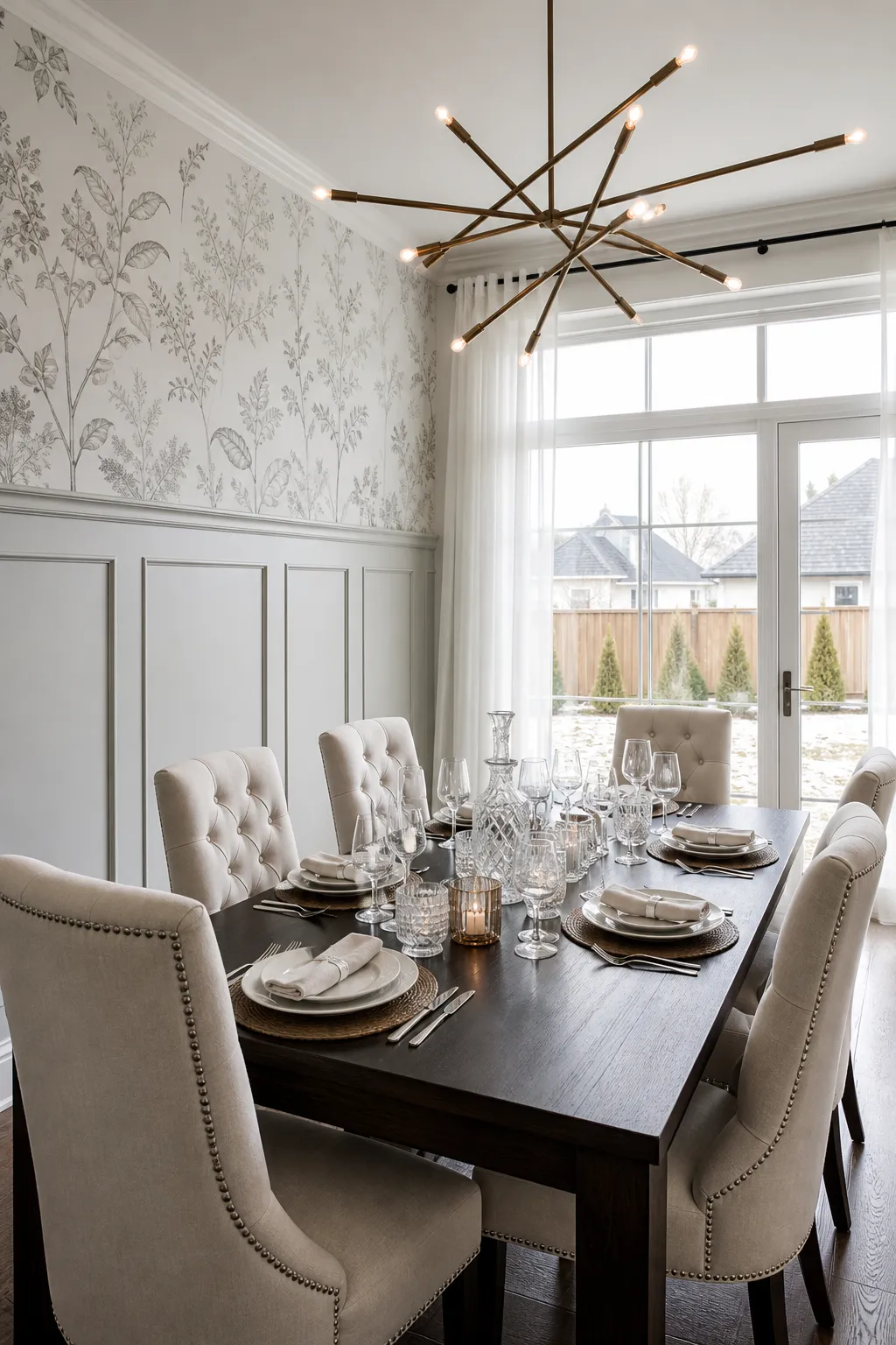 Dining room with botanical wallpaper framed by traditional wall molding