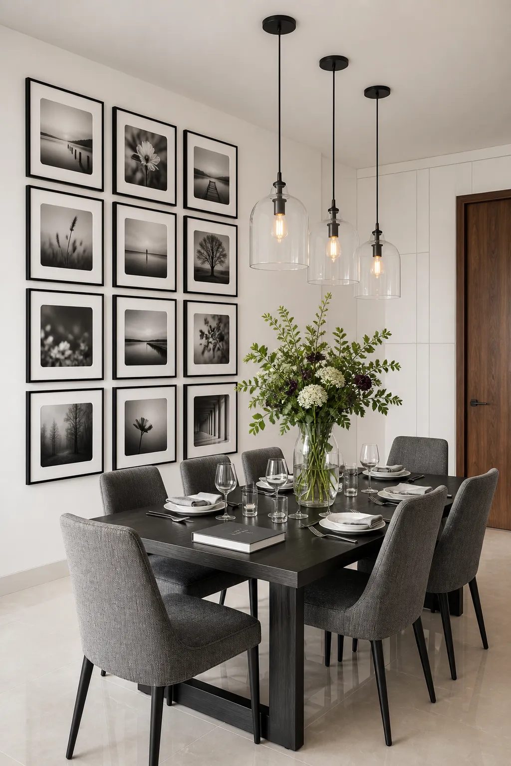 Dining wall with black-and-white photographs arranged in an orderly grid