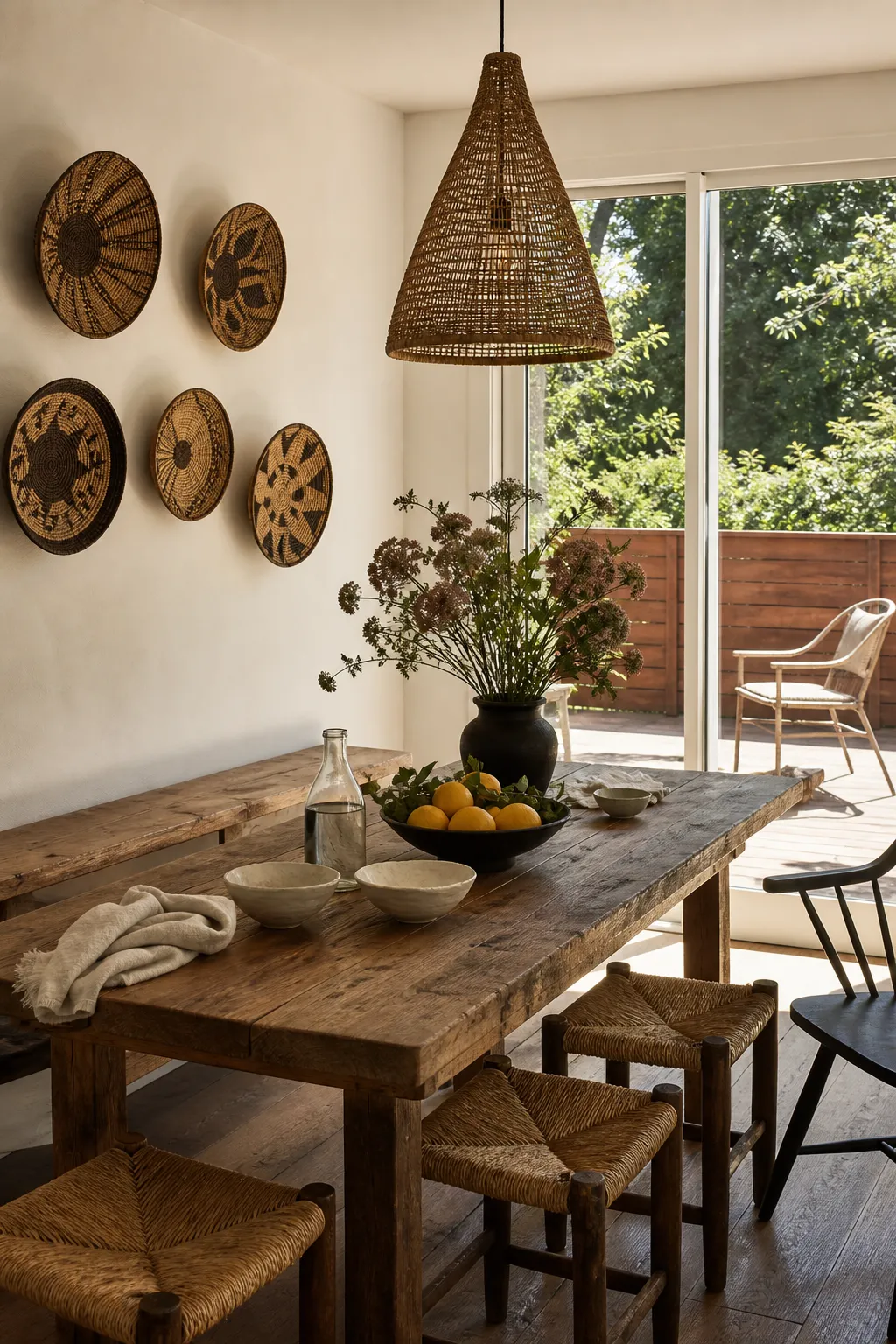 Rustic dining area decorated with woven baskets in varied natural tones