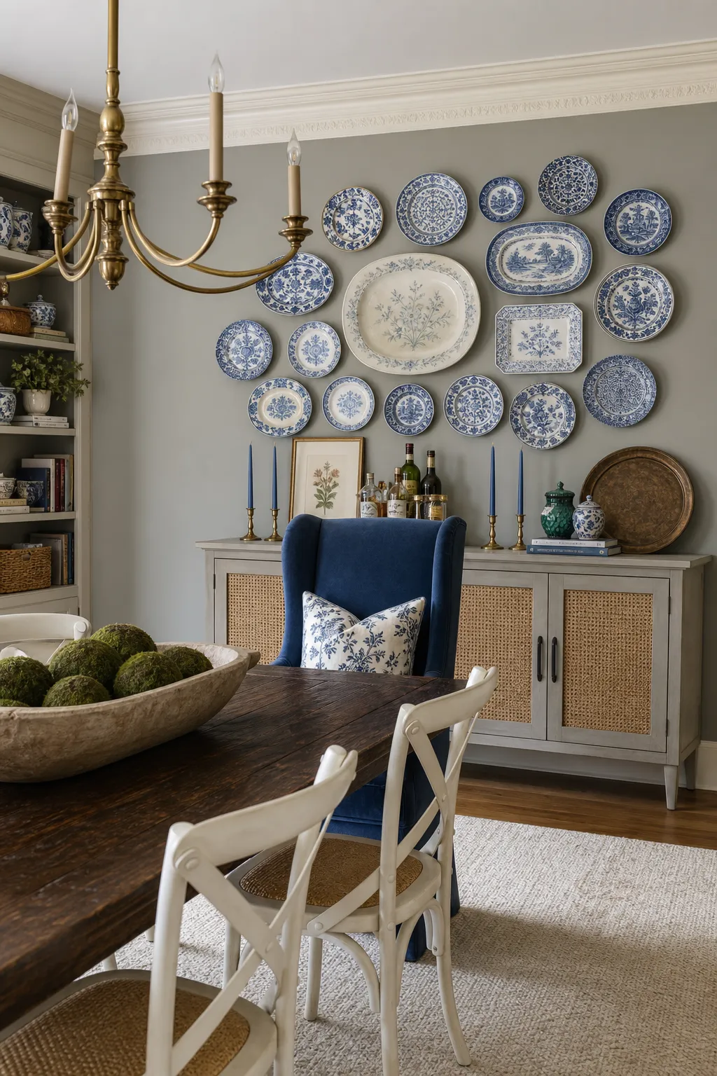 Blue-and-white decorative plates arranged as wall art above a dining table