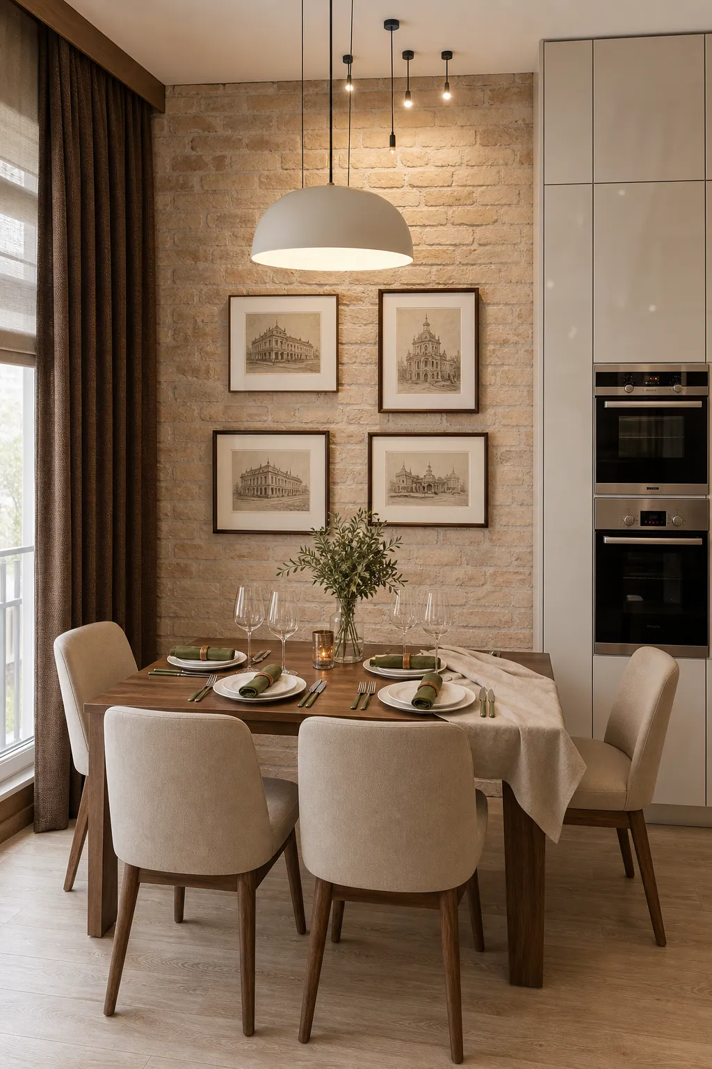 Kitchen dining nook with a pale brick feature wall and warm furnishings