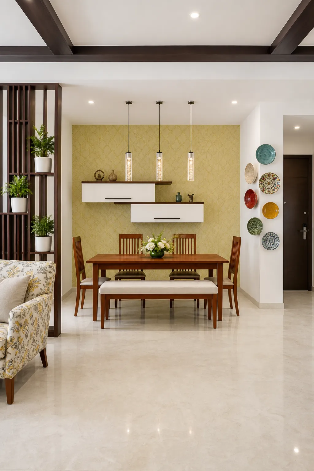 Modern dining wall combining a graphic pattern with decorative plates