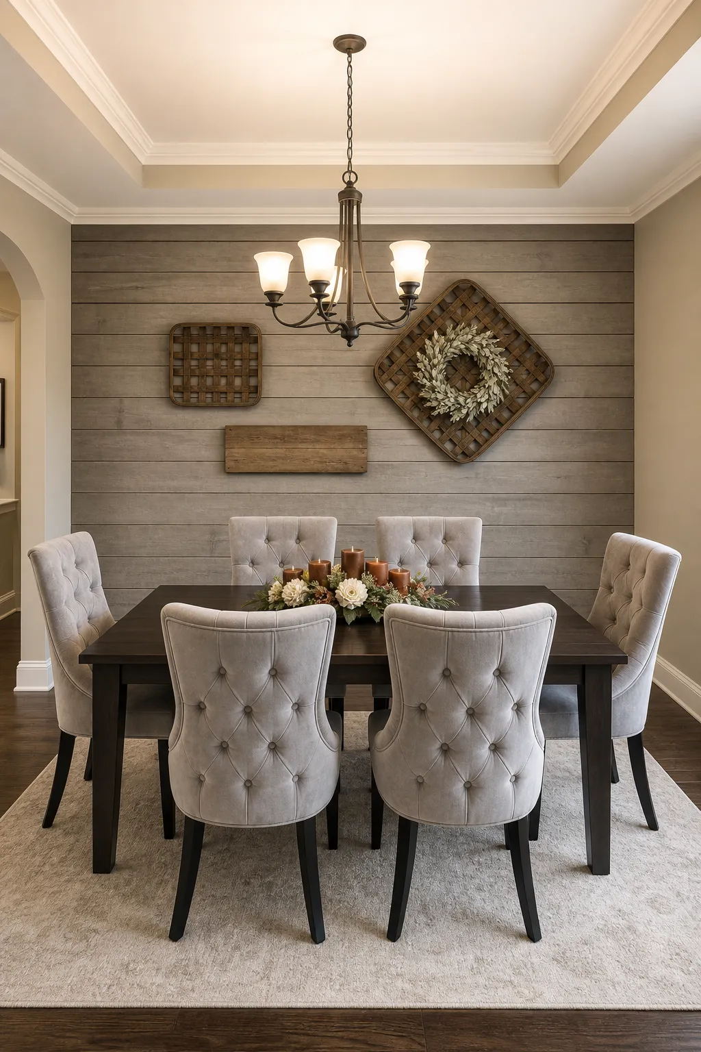 Casual dining room featuring a gray shiplap accent wall
