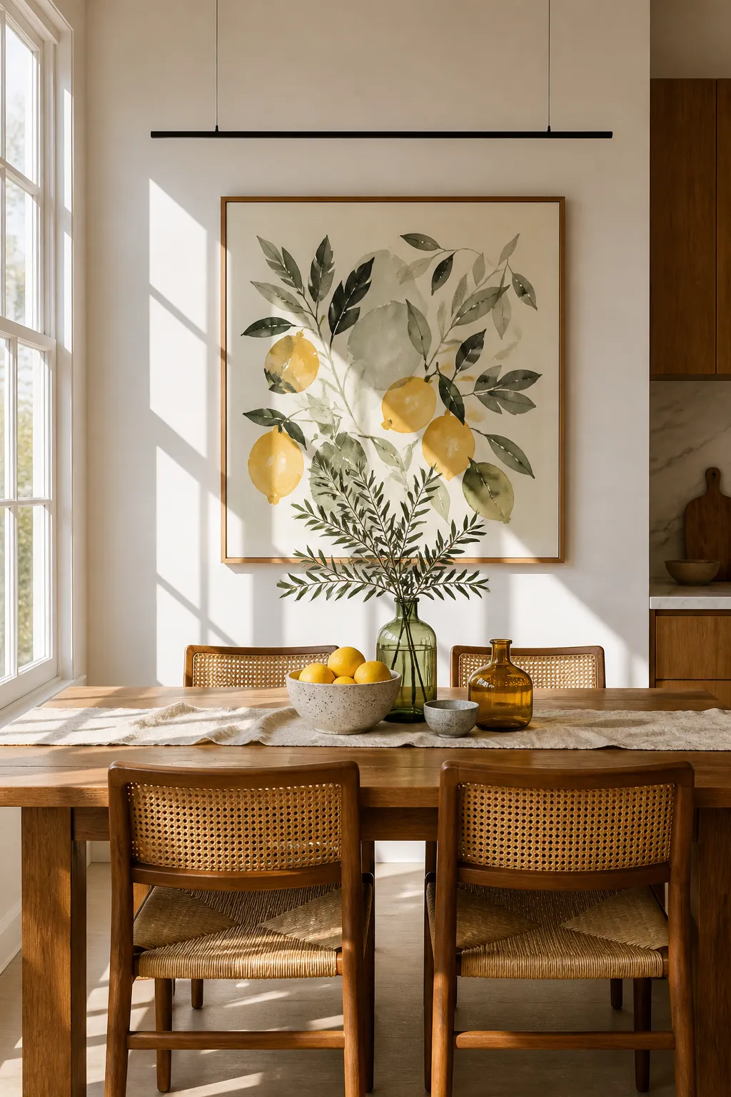 Dining wall decorated with bright botanical artwork featuring lemons