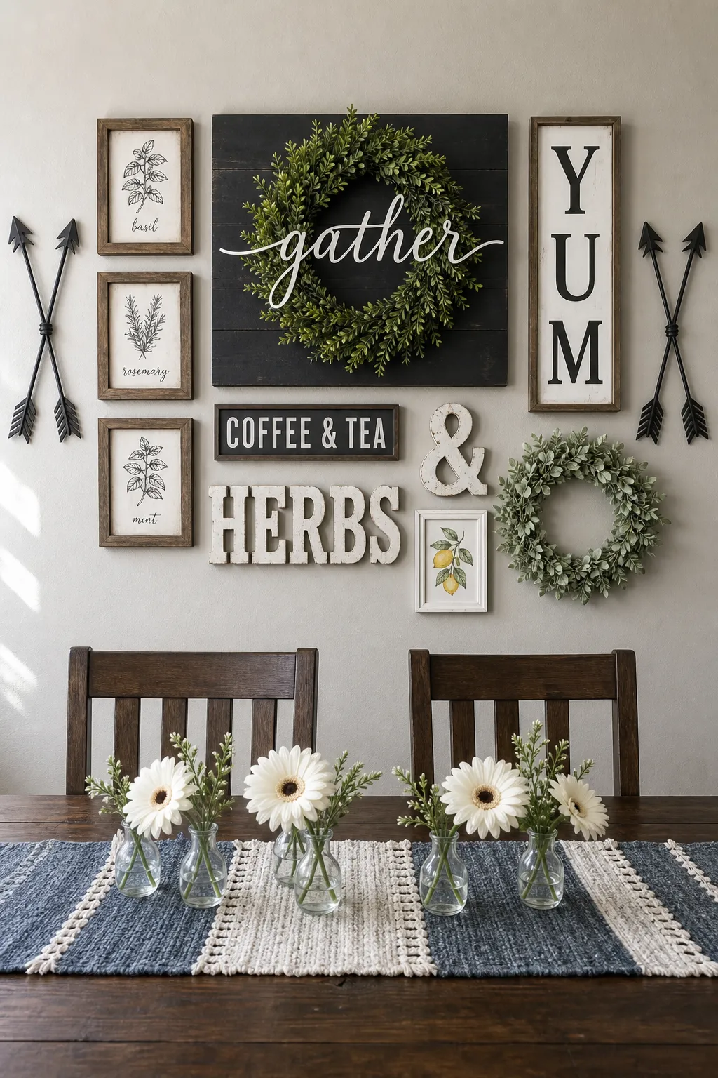 Farmhouse dining display centered on framed botanical herb prints