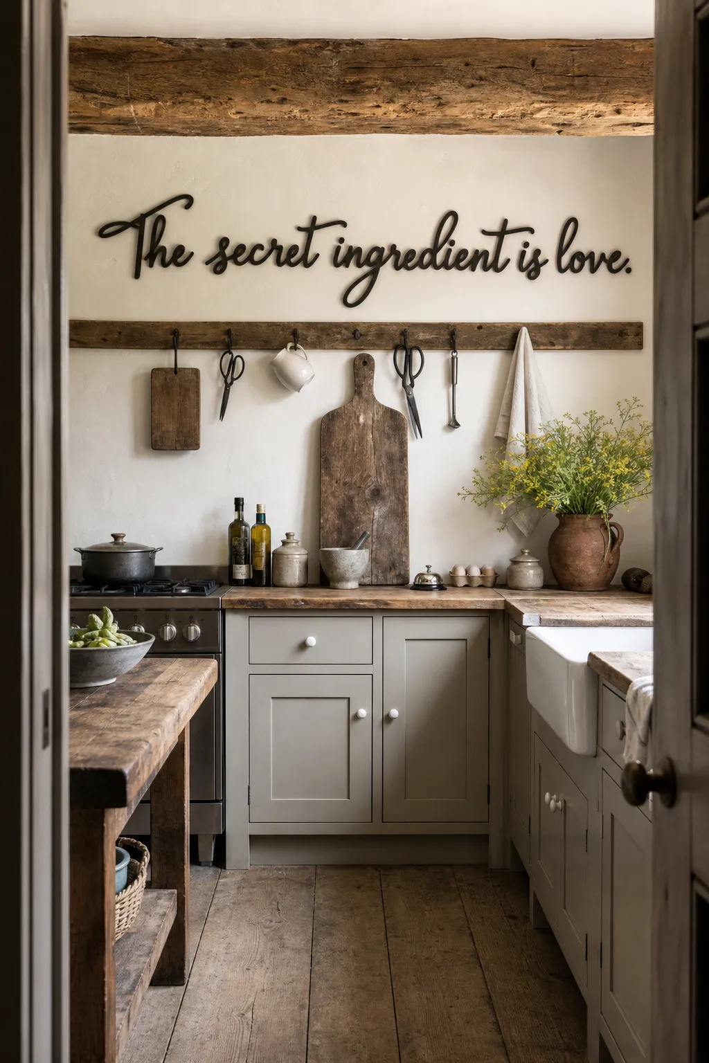 Dining wall styled with cursive lettering and rustic wood decor