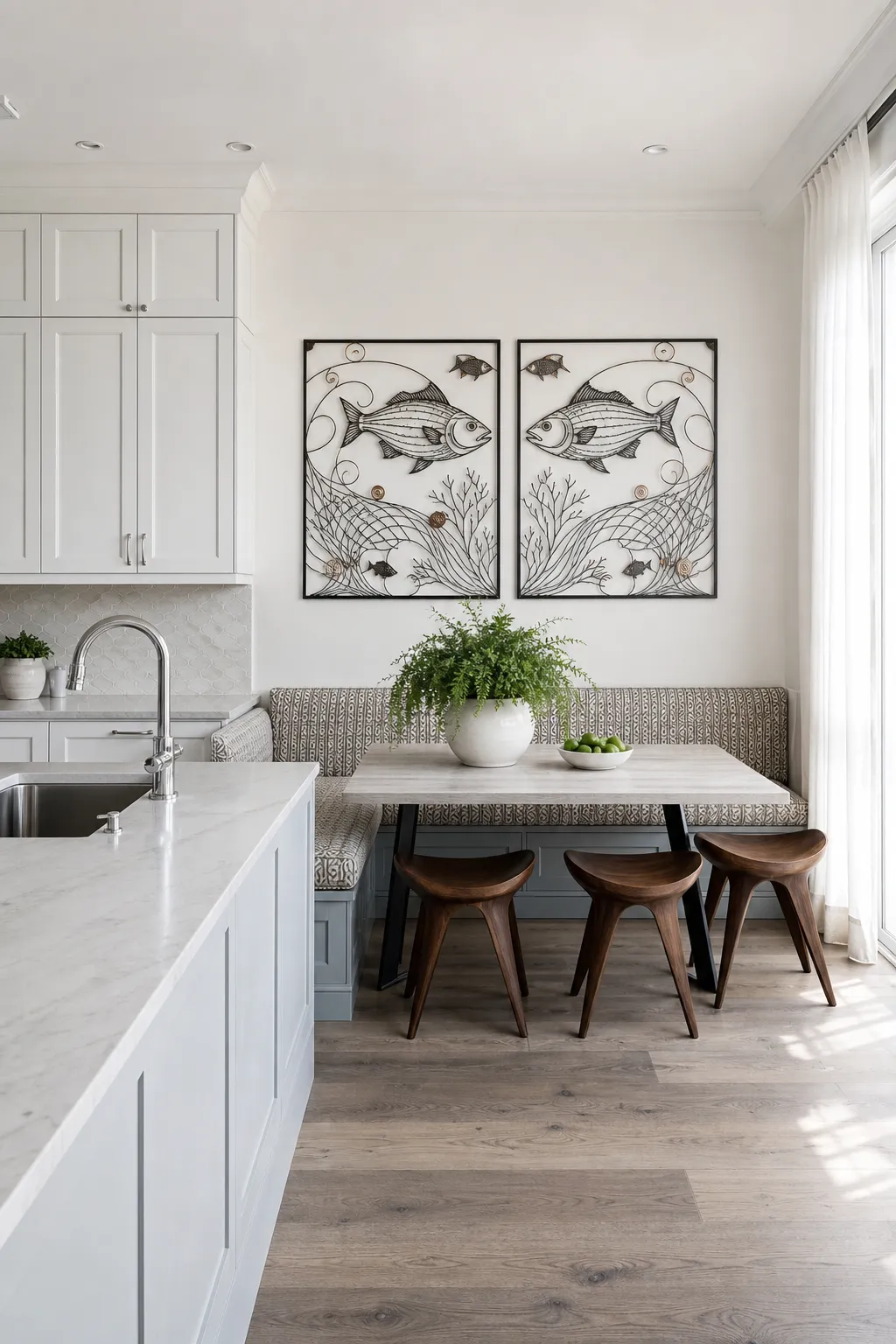 Bright coastal breakfast nook with sculptural fish wall decorations