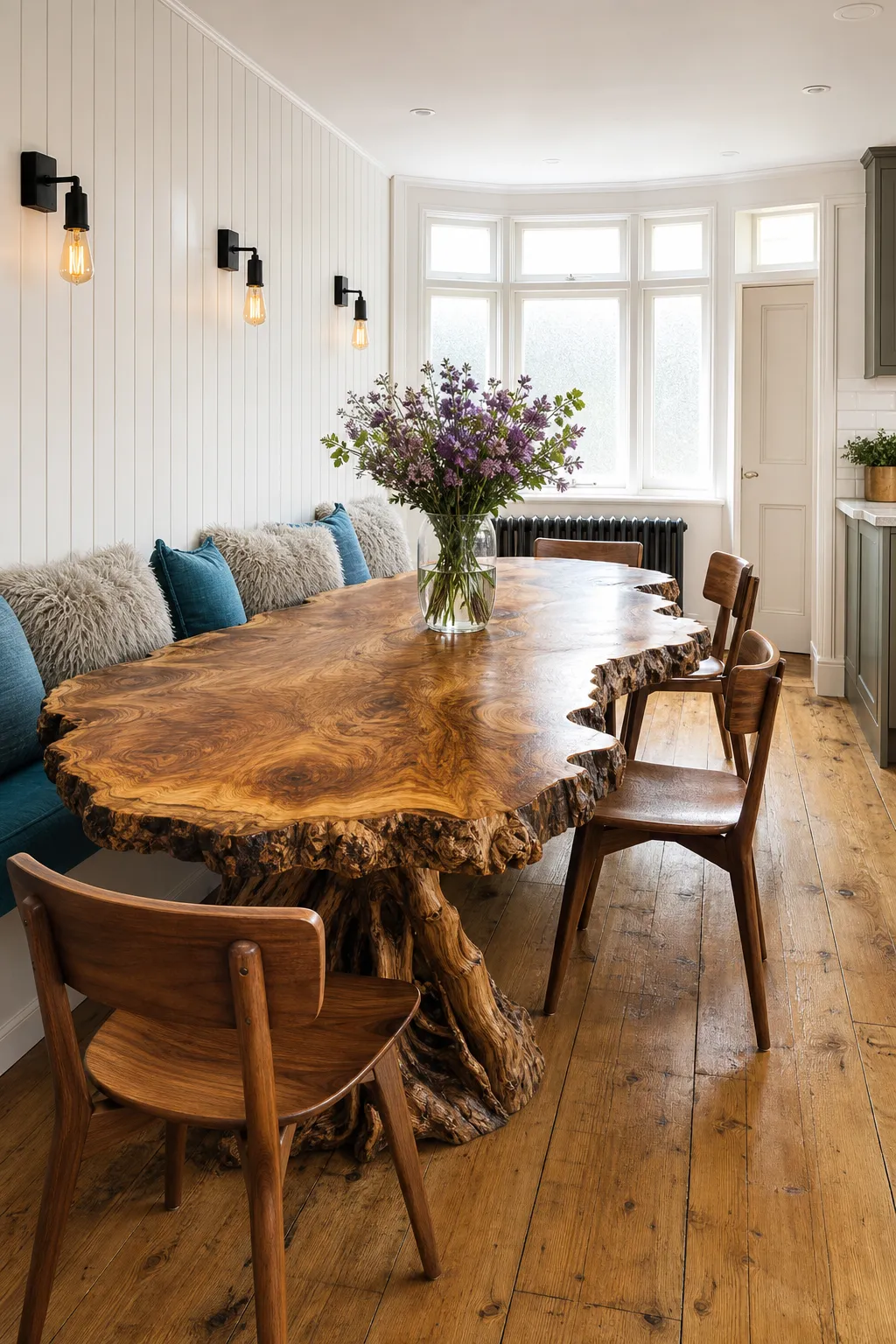Natural dining space centered around a live-edge wood table