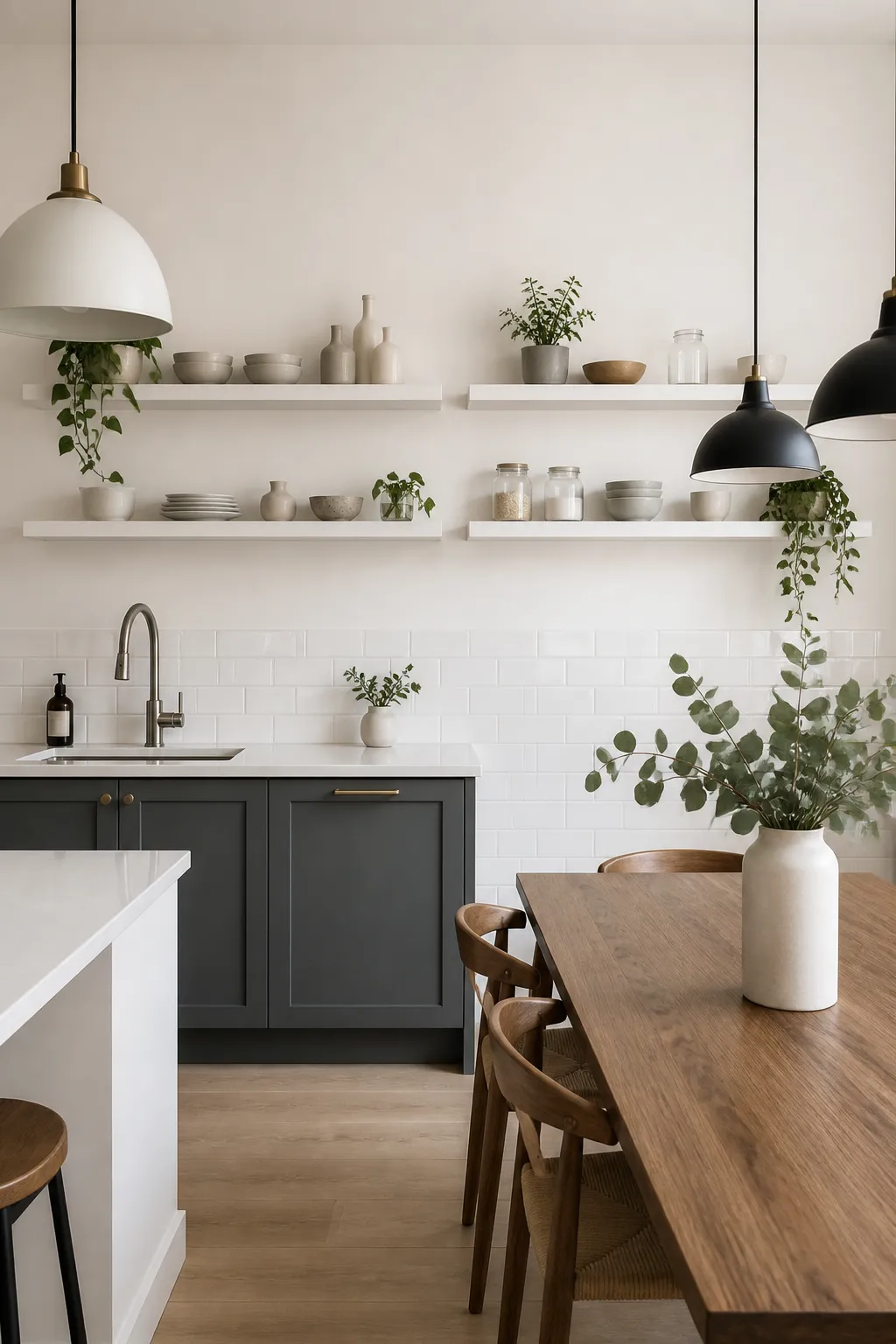 Scandinavian dining area with simple open shelves for storage and display