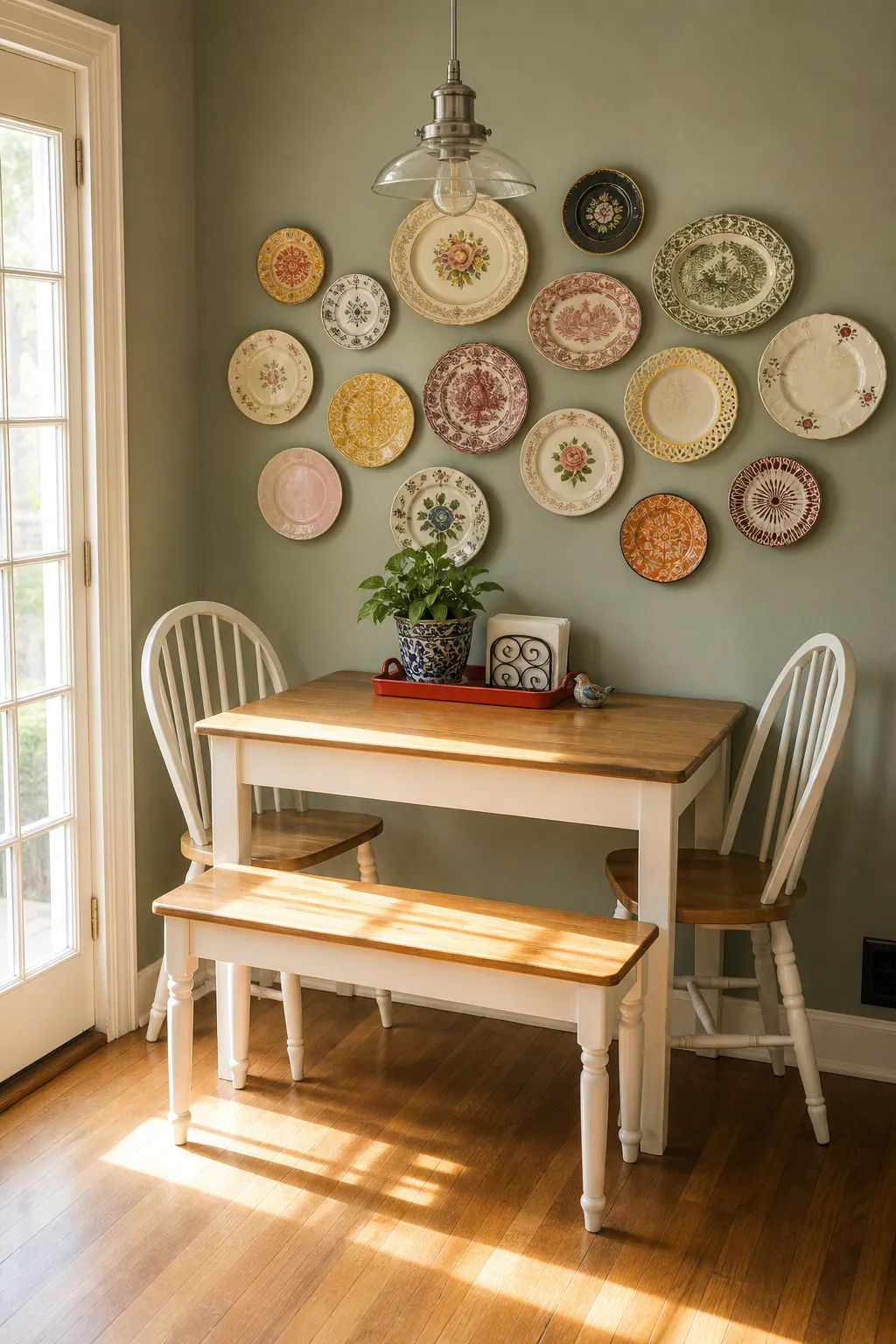 Cottage breakfast nook decorated with an assortment of vintage plates