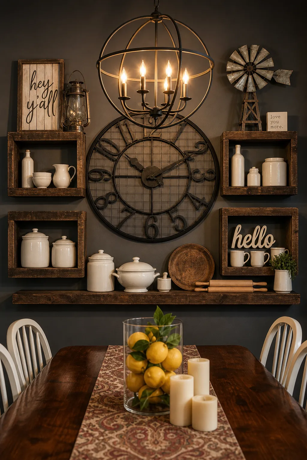 Farmhouse dining wall with open shelves arranged around an oversized clock
