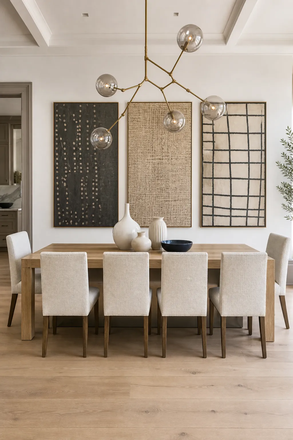 Long dining table beneath a large three-panel wall artwork