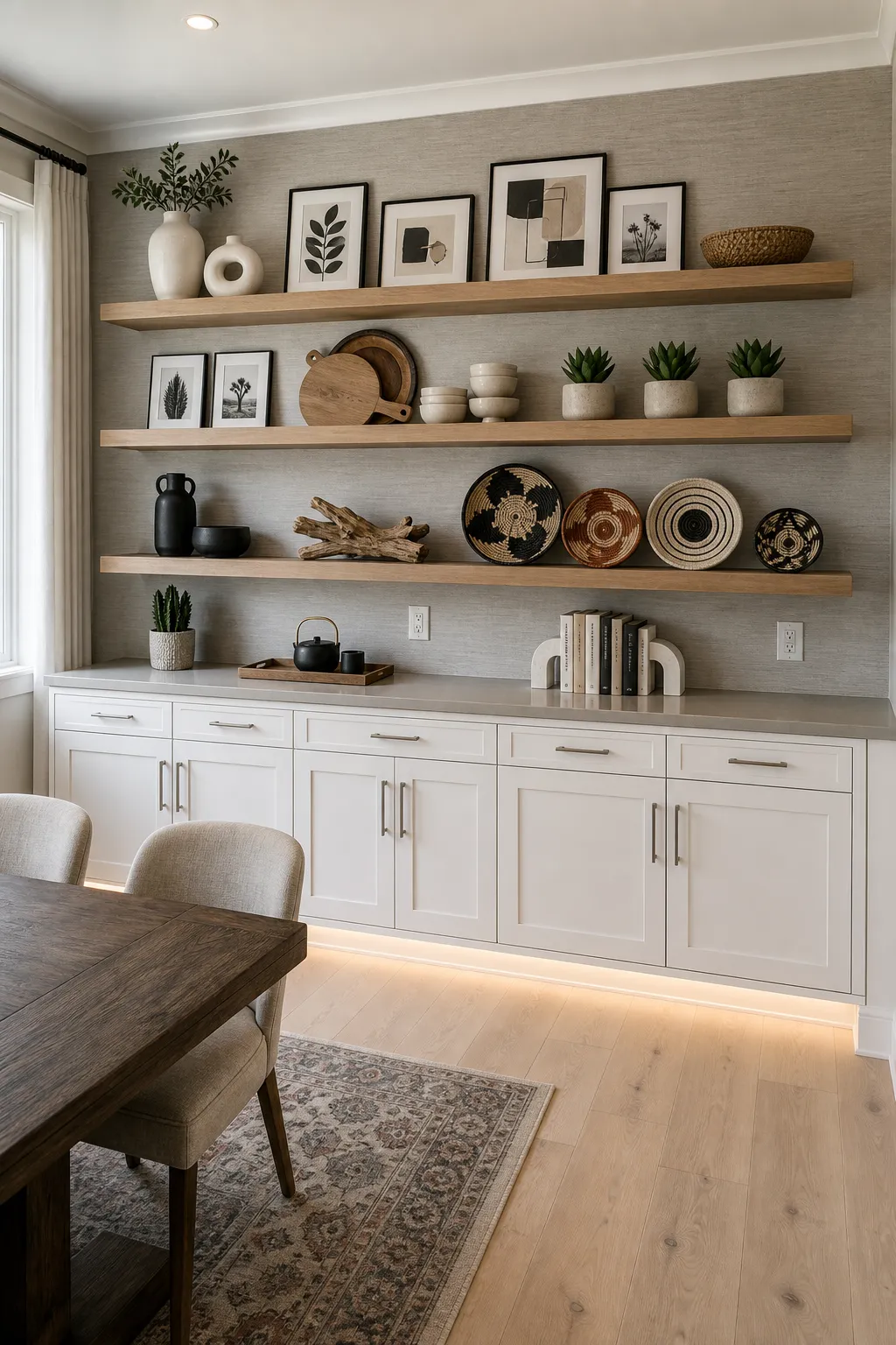 Floating wooden dining room shelves styled with trailing plants and neutral pottery