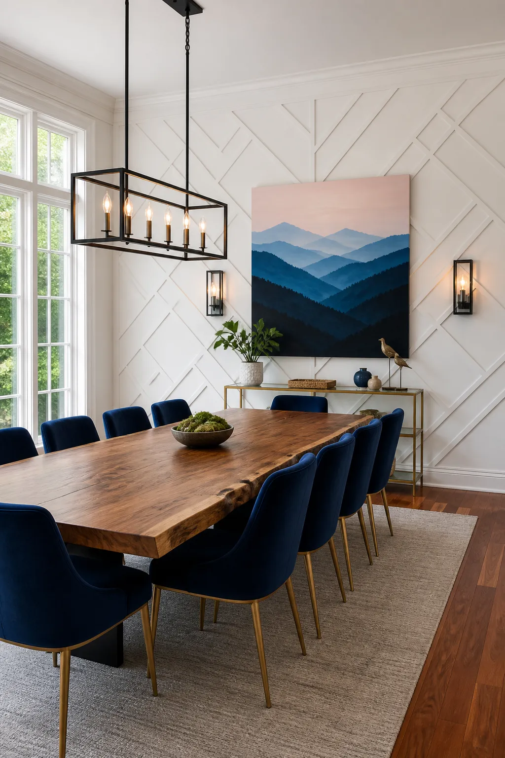 White dining room feature wall with geometric molding and subtle dimensional detail