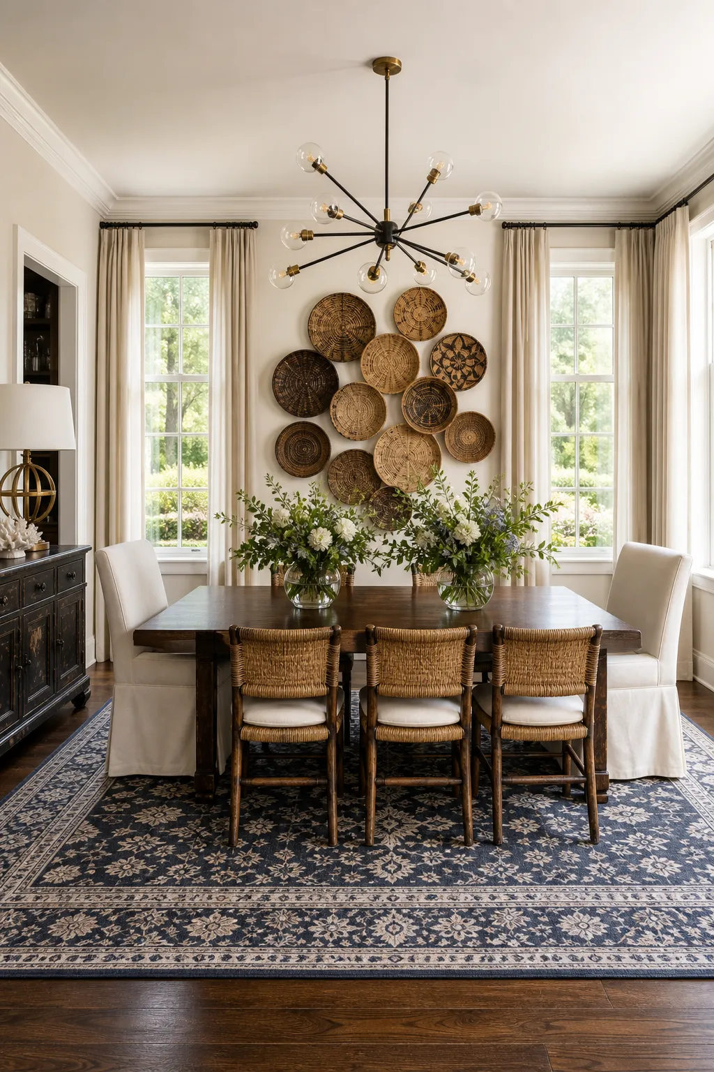 Dining room gallery wall arranged with woven baskets in natural tones and varied sizes
