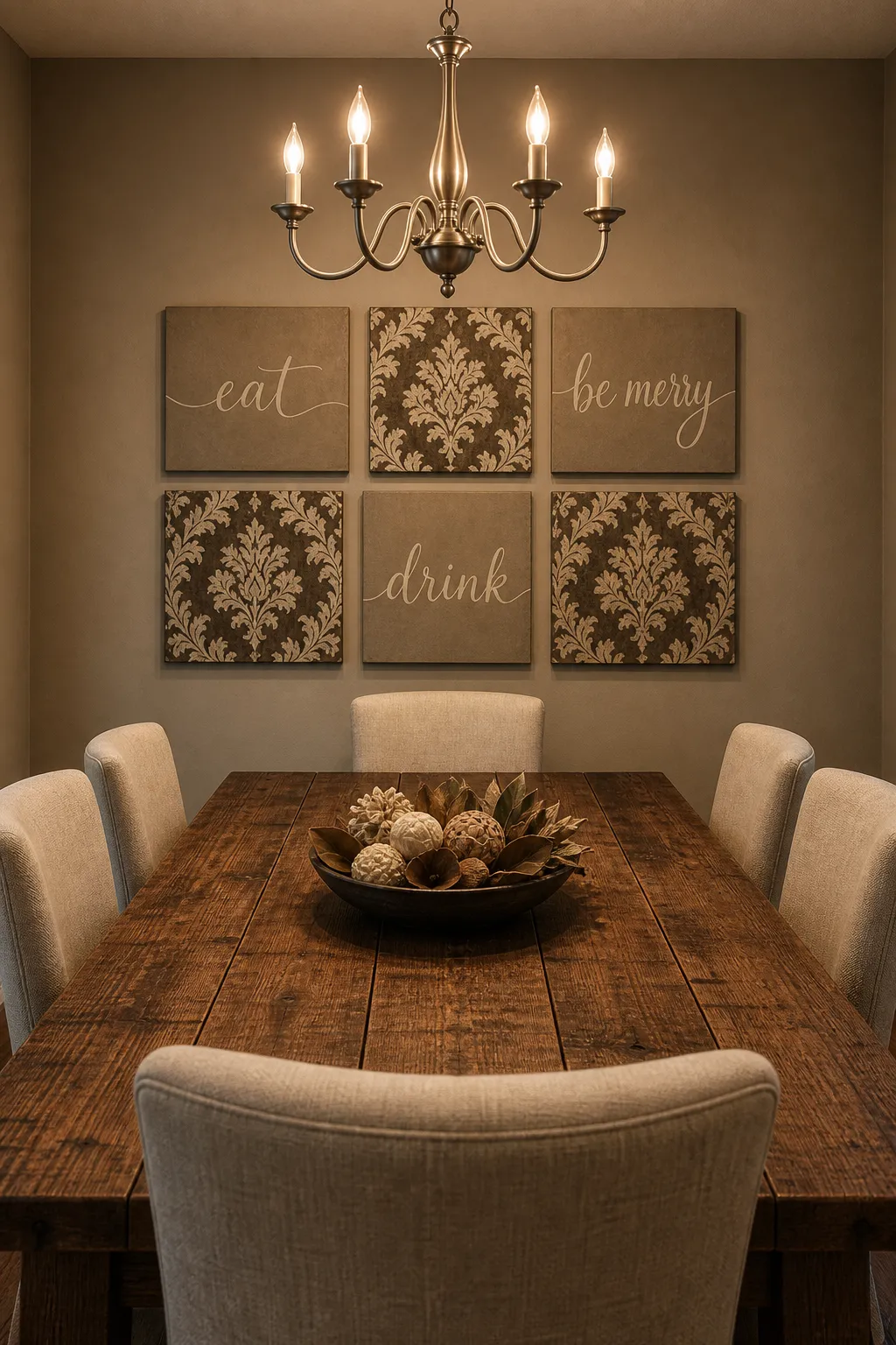 Neutral dining room decorated with large softly toned canvas artwork above the table