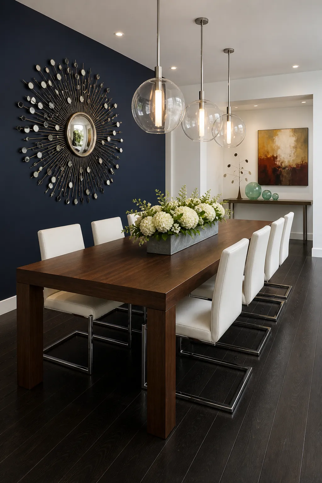 Modern dining room with a deep navy accent wall and light wood furnishings