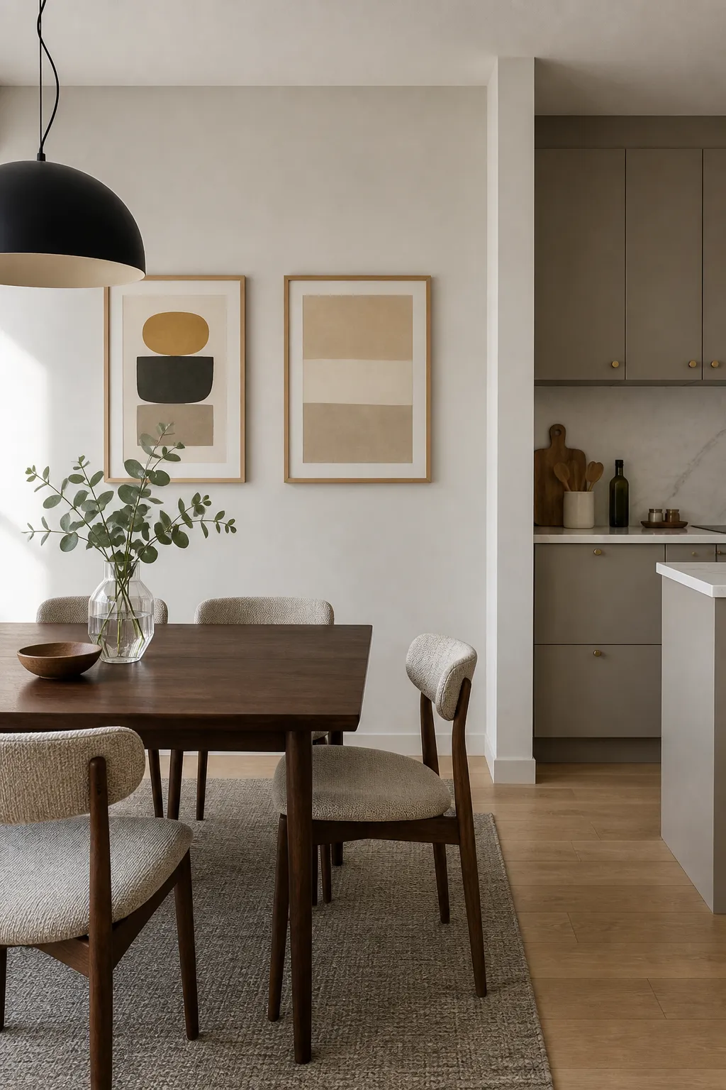 Scandinavian dining nook with simple neutral wall art and light wood furniture