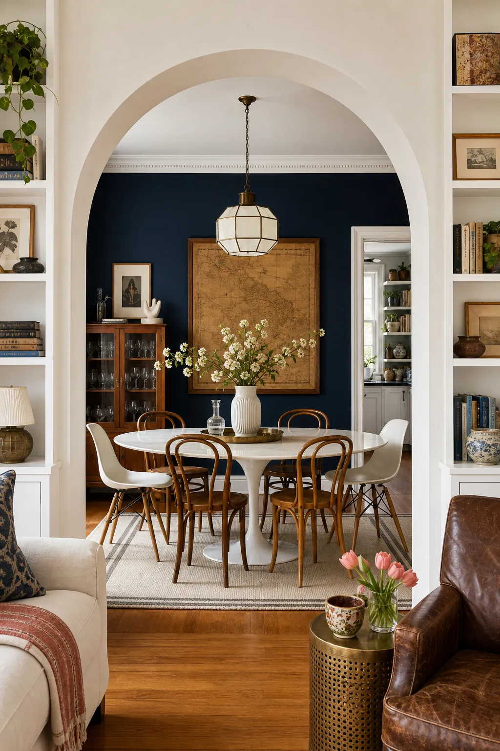 Dining area framed by a painted navy arch feature wall behind the table