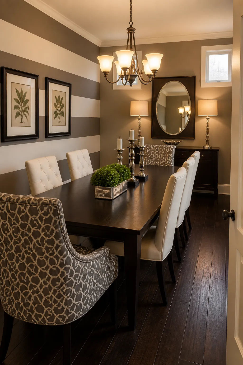 Dining room wall painted with wide horizontal stripes in warm neutral colors