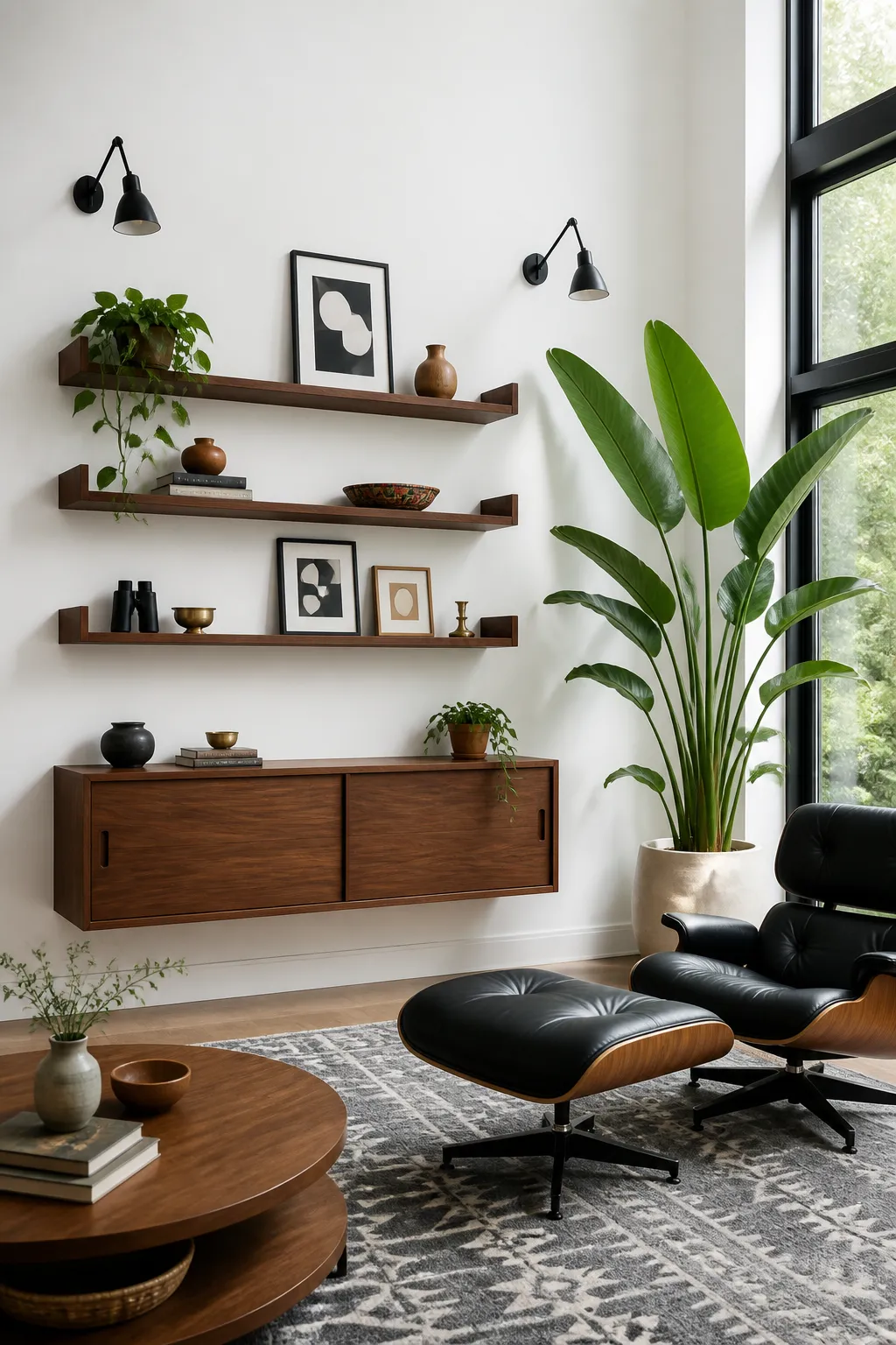 Long wood floating shelves styled above a midcentury living room sofa
