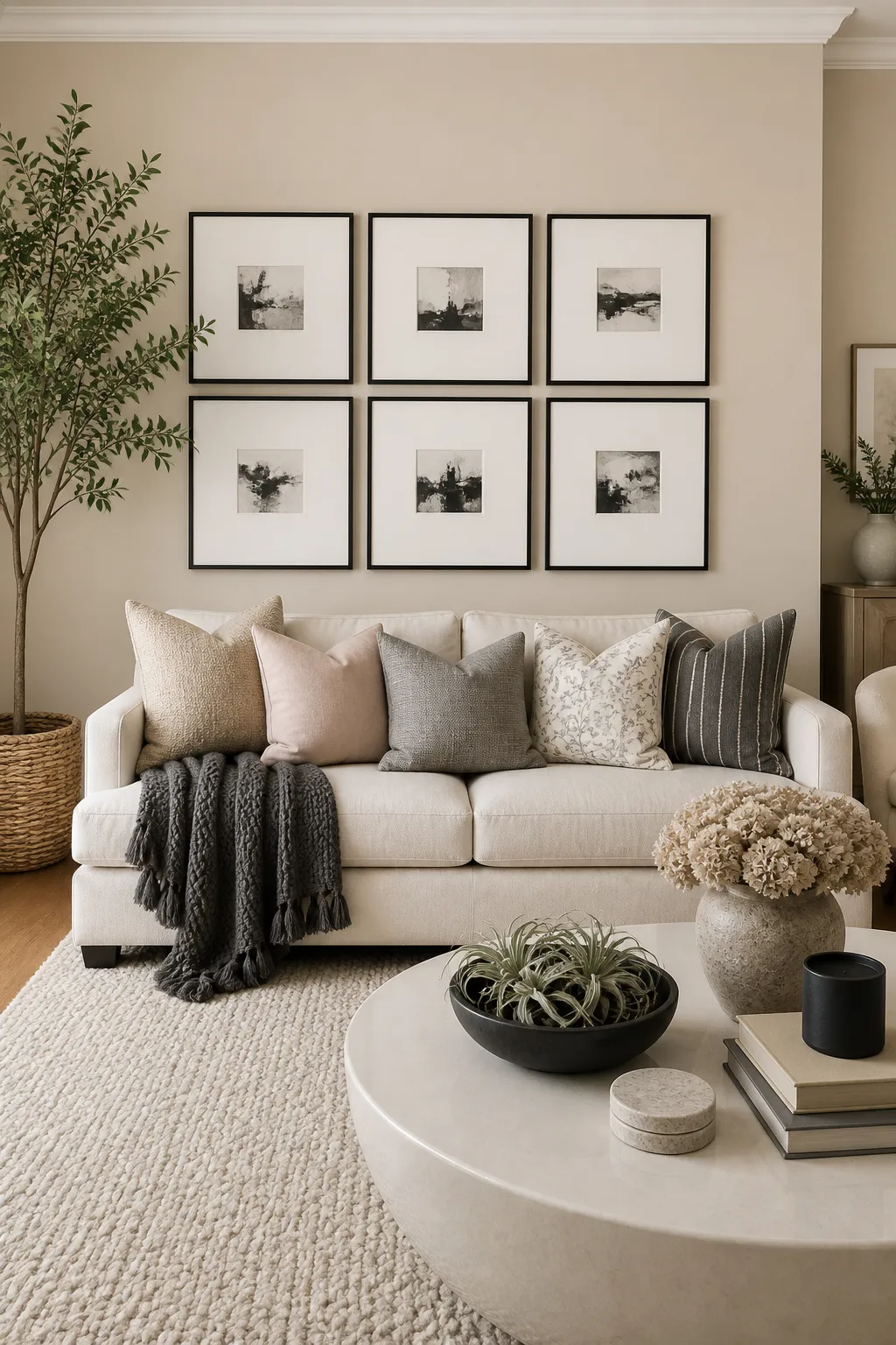 Six matching framed artworks arranged in a balanced grid above a sofa