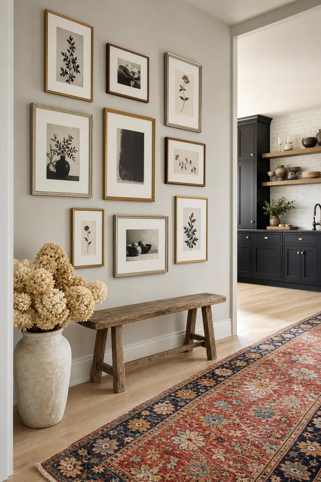 Eclectic living room gallery wall featuring framed art in varied sizes