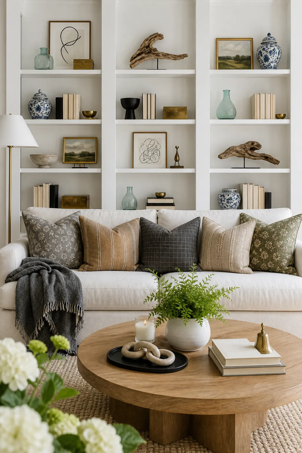 Floor-to-ceiling built-in shelves and cabinets filling a living room wall