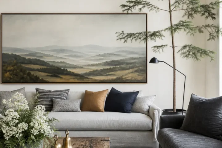 Oversized landscape artwork centered above a living room sofa