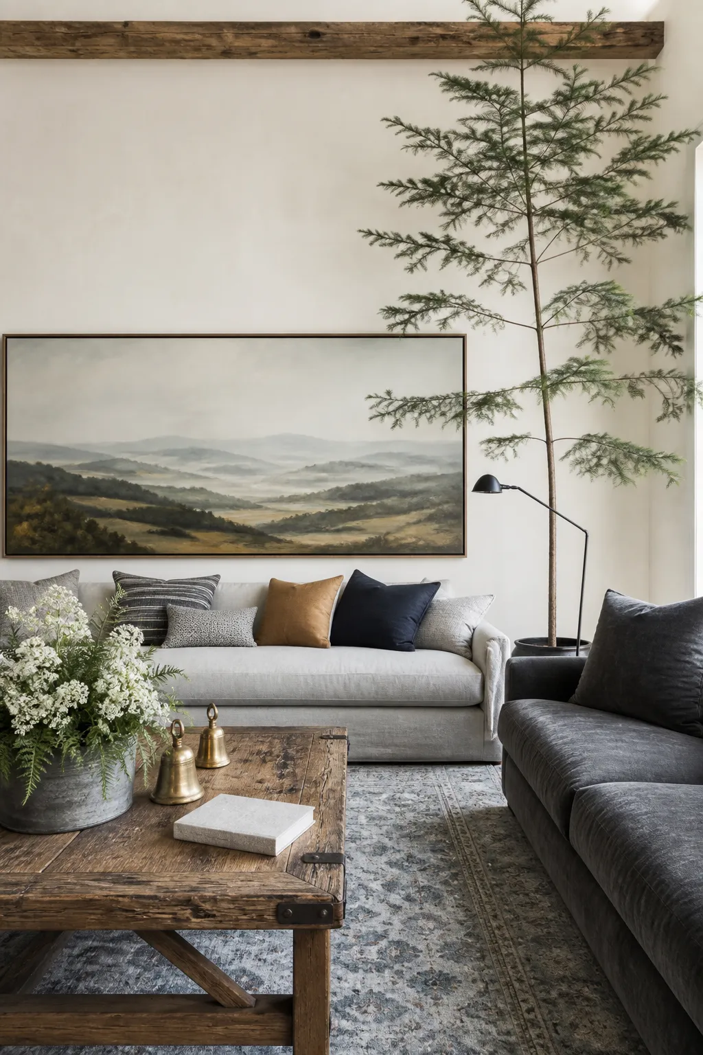 Oversized landscape artwork centered above a living room sofa