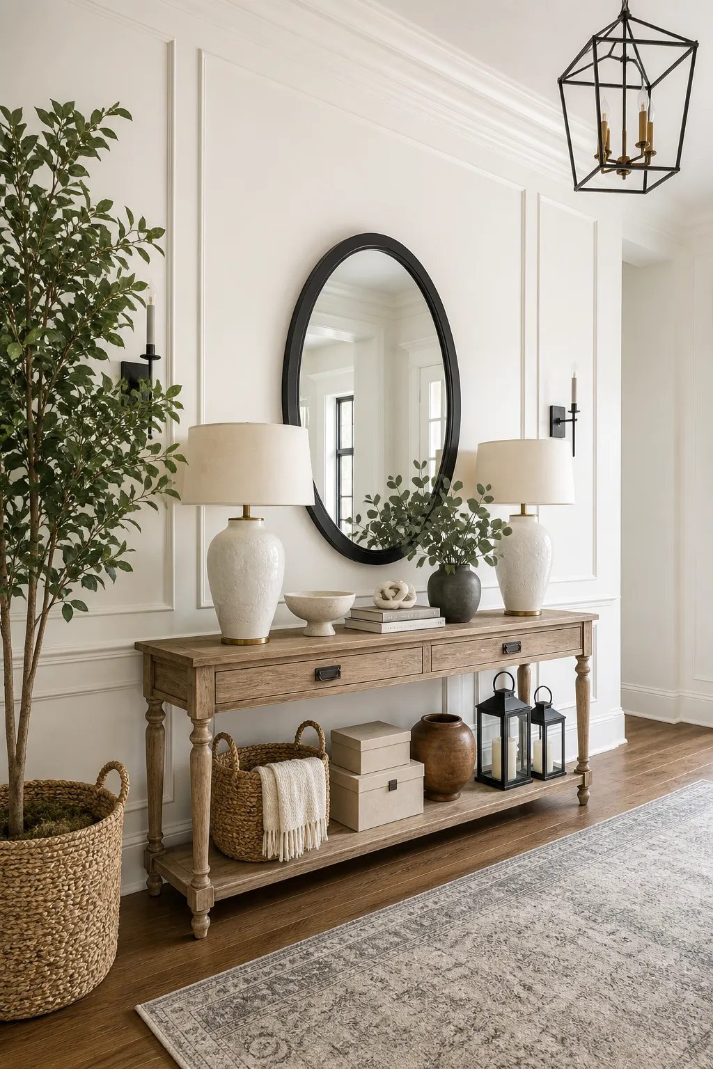 Farmhouse living room wall styled with a mirror and simple decorative accents