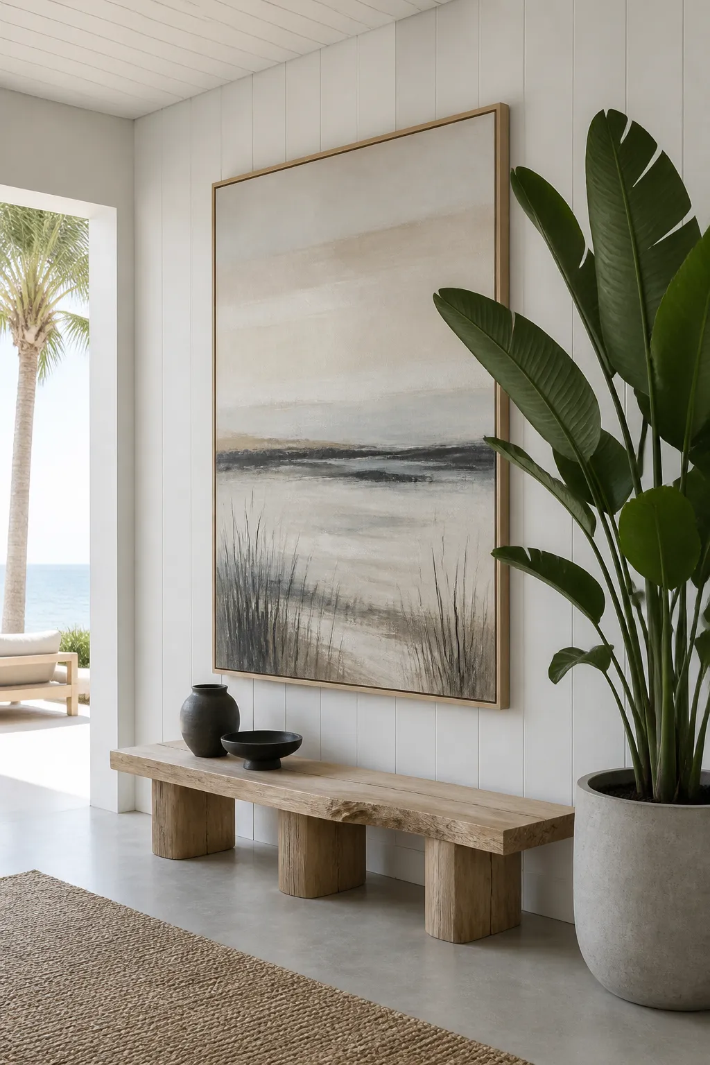 Oversized coastal artwork decorating a light and airy living room wall