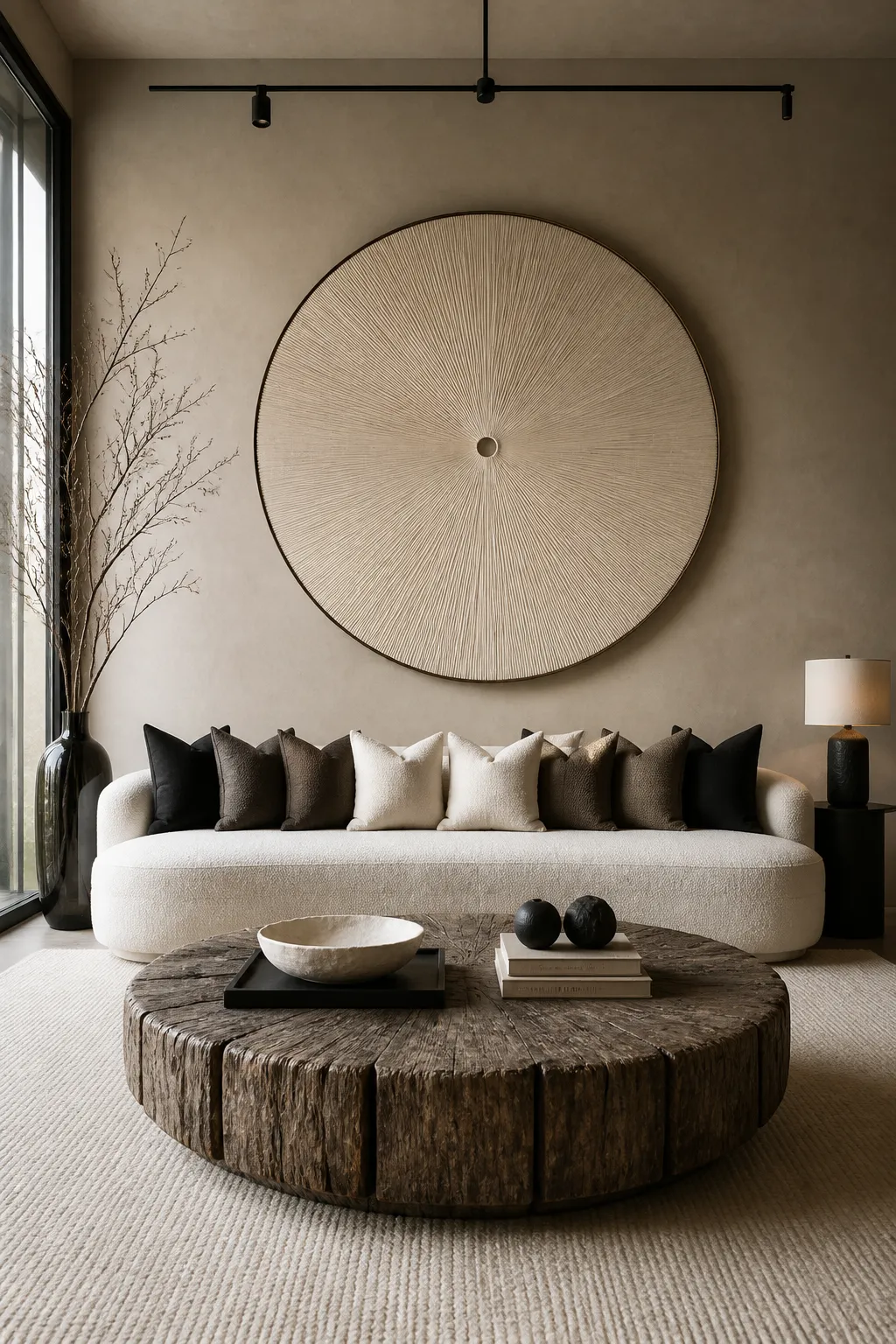 Large round wall art displayed above clean-lined living room furniture